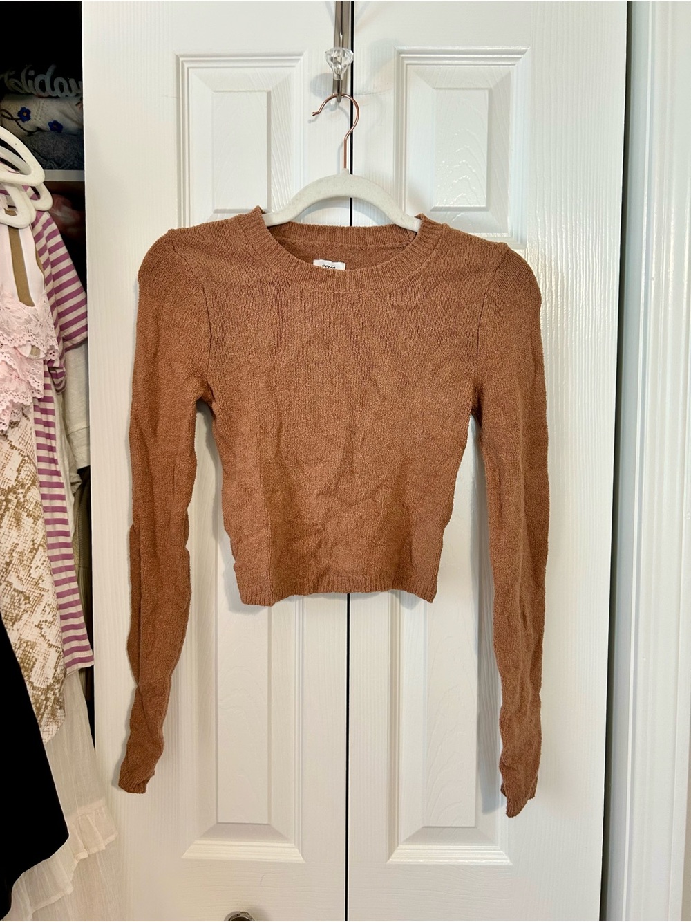 aerie Warm Camel Cropped Crewneck Sweater